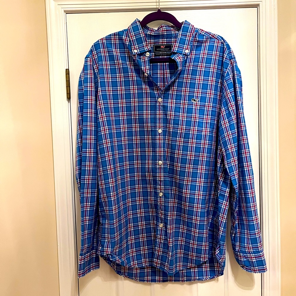 Mens Vineyard Vines Large Chandler Pond Blue Plaid Classic Tucker Shirt